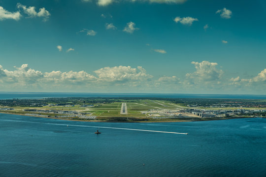 Cockpit view during approach into Copenhagen Airport International Airport, Denmark,  EKCH, CPH - aerial view