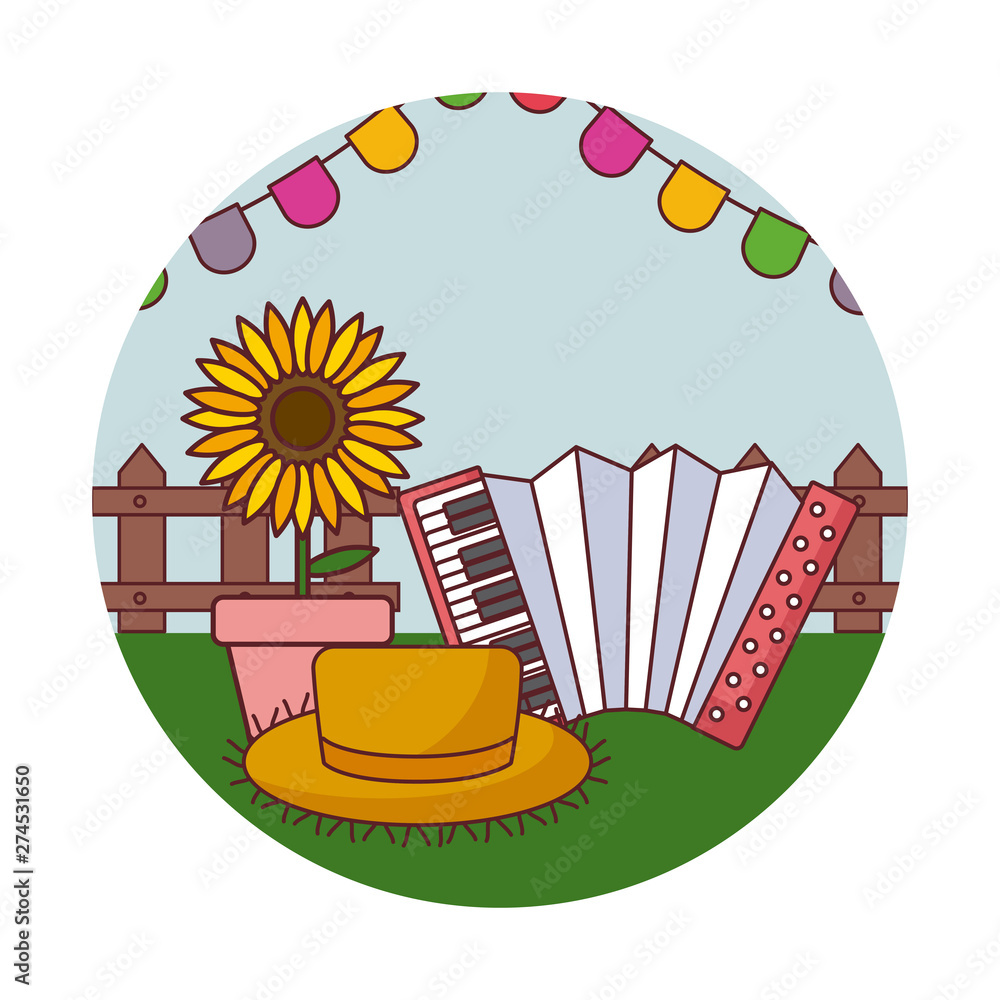Poster accordion with hat wicker and sunflower in frame circular