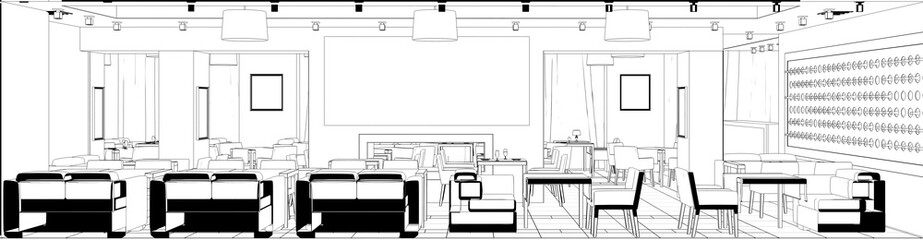 restaurant, 3D illustration, sketch, outline