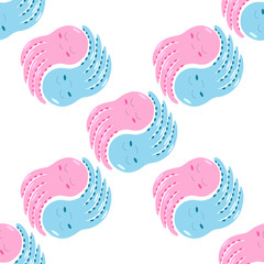 Cute octopus boy and girl in cartoon underwater style. The boy is blue and the pink girl is yin yang. Suitable as a pattern for the nursery, fabrics and wallpaper. Funny octopus