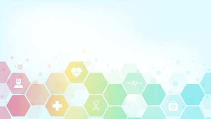 Abstract medical background with flat icons and symbols. Template design with concept and idea for healthcare technology, innovation medicine, health, science and research.