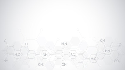 Abstract chemistry pattern on soft grey background with chemical formulas and molecular structures. Template design with concept and idea for science and innovation technology.