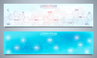 Banners design template and headers for site with abstract chemistry background and chemical formulas. Science and innovation technology concept. Decoration website and other ideas.