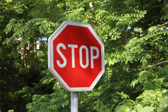 ein rotes Stoppschild an einer Strasse mit der Aufschrift "Stop"