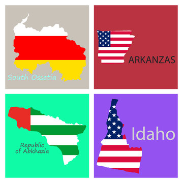 Poster map of regions in the world. Flag print map of USA for geographic themes. Hand-drawn map with states.