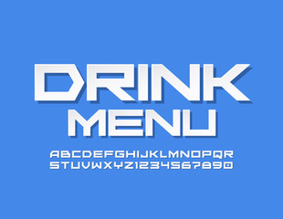 Vector stylish Sign Drink Menu with White Alphabet Letters, Numbers and Symbols. Trendy flat Font.