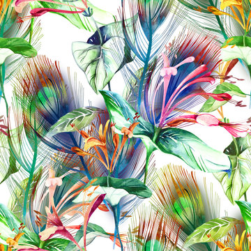 Tropical  Seamless Pattern.  Watercolor Background.