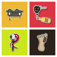 Vector collection of Halloween flat celebration cards, flayers with funny , traditional halloween elements and spooky party symbols isolated on colored background. Banner, poster design