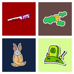 Vector collection of Halloween flat celebration cards, flayers with funny , traditional halloween elements and spooky party symbols isolated on colored background. Banner, poster design