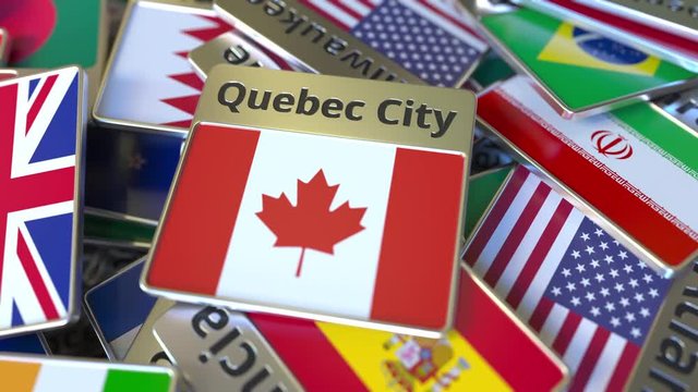 Souvenir magnet or badge with Quebec City text and national flag among different ones. Traveling to Canada conceptual intro animation