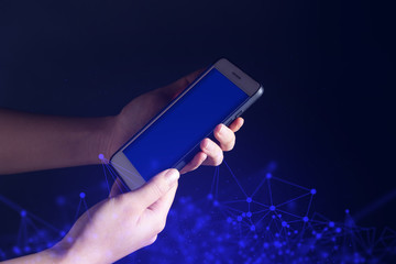 ai data deep learning, mobile application, telecommunication, business and finance, people hand touch on smartphone, social network internet