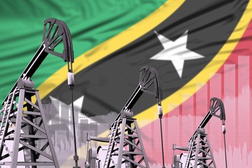 industrial illustration of oil wells - Saint Kitts and Nevis oil industry concept on flag background. 3D Illustration