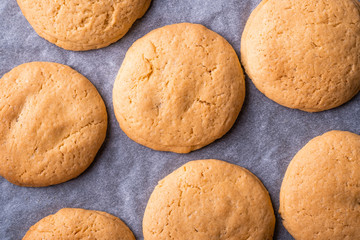 Homemade shortbread cookies on parchment paper top view