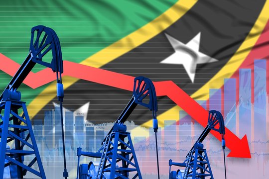 lowering, falling graph on Saint Kitts and Nevis flag background - industrial illustration of Saint Kitts and Nevis oil industry or market concept. 3D Illustration