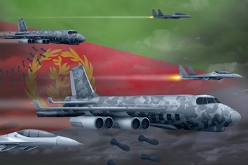Eritrea air forces bombing strike concept. Eritrea army air planes drop bombs on flag background. 3d Illustration