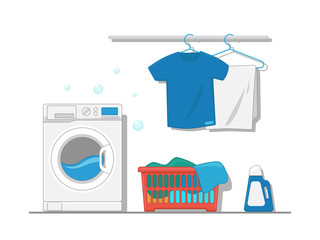 Illustration of interior equipment of laundry room with washing machine, hanger, clean clothes, laundry basket. Flat style.