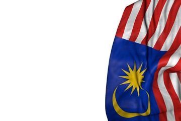 wonderful independence day flag 3d illustration. - Malaysia flag with large folds lying flat in left side isolated on white