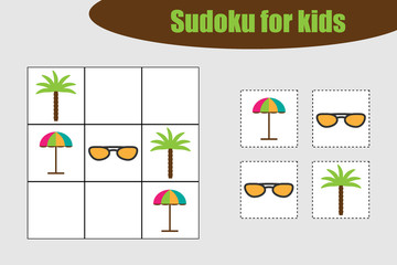 First Sudoku game with summer beach pictures for children, easy level, education game for kids, preschool worksheet activity, task for the development of logical thinking, vector illustration - 274534085