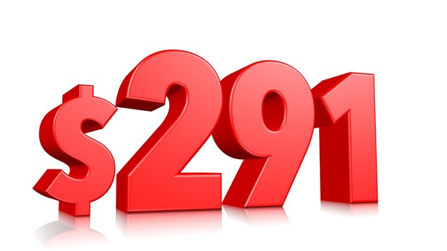 291$  Two hundred ninety one price symbol. red text number 3d render with dollar sign on white background