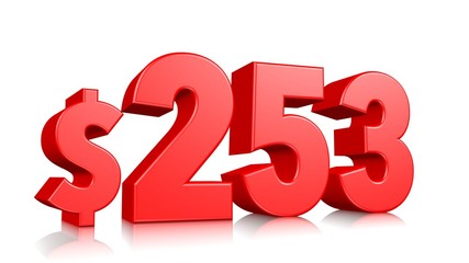 253$ Two hundred and fifty three price symbol. red text number 3d render with dollar sign on white background