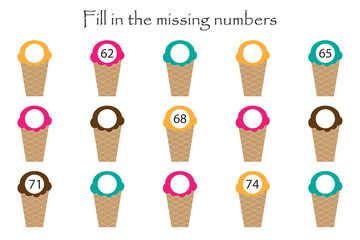 Game with ice creams for children, fill in the missing numbers, middle level, education game for kids, school worksheet activity, task for the development of logical thinking, vector illustration - 274534263