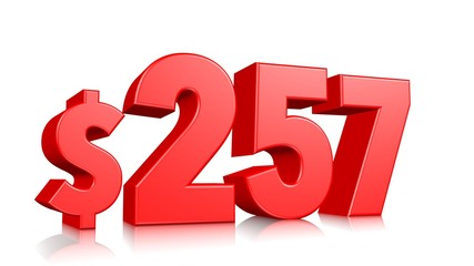 257$ Two hundred and fifty seven price symbol. red text number 3d render with dollar sign on white background