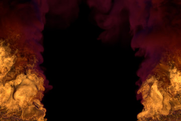 Flame from both picture bottom corners - fire 3D illustration of blazing explosion, frame with heavy smoke isolated on black background