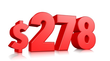 278$ Two hundred seventy eight price symbol. red text number 3d render with dollar sign on white background