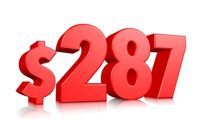 287$ Two hundred eighty seven price symbol. red text number 3d render with dollar sign on white background