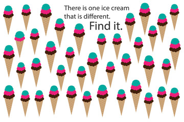 Find ice cream that different, spring fun education puzzle game for children, preschool worksheet activity for kids, task for the development of logical thinking and mind, vector illustration - 274534670