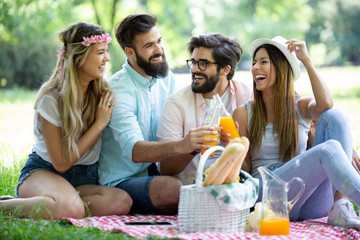 Happy friends in the park having picnic on a sunny day.