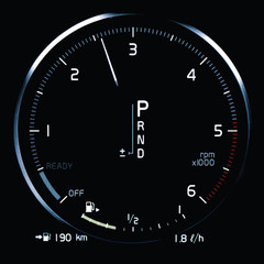 Vector illustration of car tachometer displaying over 2500 RPM. Modern vehicle digital dashboard with driving range display, average fuel consumption and gear position indicator.