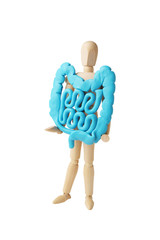 Healthy intestines in hands of human figure. Digestive problems, colic, dysbacteriosis.