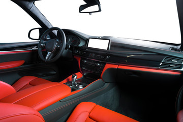 Modern luxury car Interior - steering wheel, shift lever and dashboard. Car interior luxury inside....