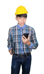 Businessman engineer command with cell phone 5g network, high-speed mobile Internet. and hand hold Laptop computer. future technology concept on white background