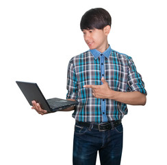 businessman. engineering confident using computer laptop and hand point on white background. construction concept