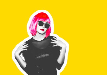 Acid crazy beautiful rock. A girl in a bright pink wig and sunglasses. Dangerous rock party is boring, a woman ironically having fun. Flash style on a colored background. Exclusive