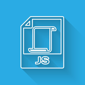 White JS file document icon. Download js button line icon isolated with long shadow. JS file symbol. Vector Illustration