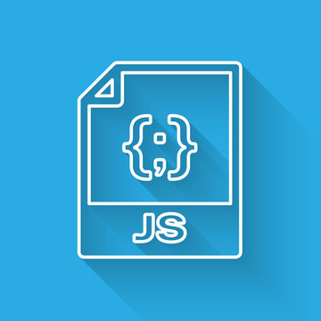 White JS file document icon. Download js button line icon isolated with long shadow. JS file symbol. Vector Illustration