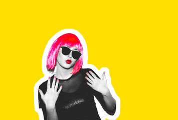 Acid crazy beautiful rock. A girl in a bright pink wig and sunglasses. Dangerous rock party is...