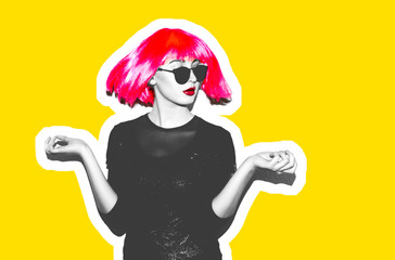 Acid crazy beautiful rock. A girl in a bright pink wig and sunglasses. Dangerous rock party is boring, a woman ironically having fun. Flash style on a colored background. Exclusive