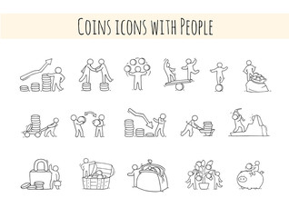 Obraz premium Sketch set with little people and coins