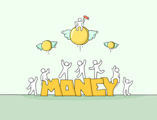 Sketch of little people with word Money