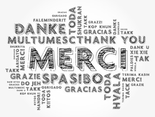 Fototapeta na wymiar Merci (Thank You in French) word cloud in different languages