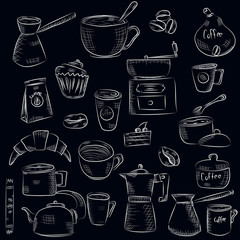 doodle hand drawn pattern sketches isolated on chalkboard background. Design elements for cafe menu or coffee shop.