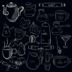doodle hand drawn pattern sketches isolated on chalkboard background. Design elements for cafe menu or coffee shop.
