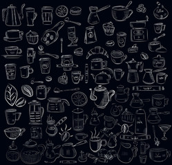 doodle hand drawn pattern sketches isolated on chalkboard background. Design elements for cafe menu or coffee shop.