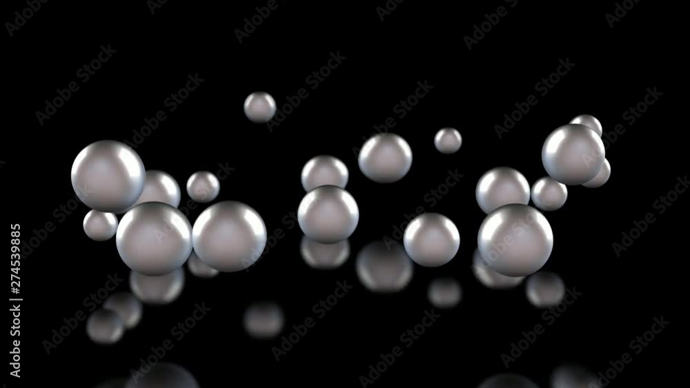 Poster 3d animation of the motion of many glowing pearl drops in space.