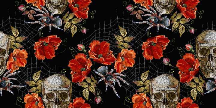 Embroidery skull and red roses, spider and web seamless pattern. Horror halloween background. Clothes template and t-shirt design. Dark gothic art