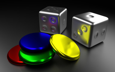 3D rendered dice and coin ludo game illustration